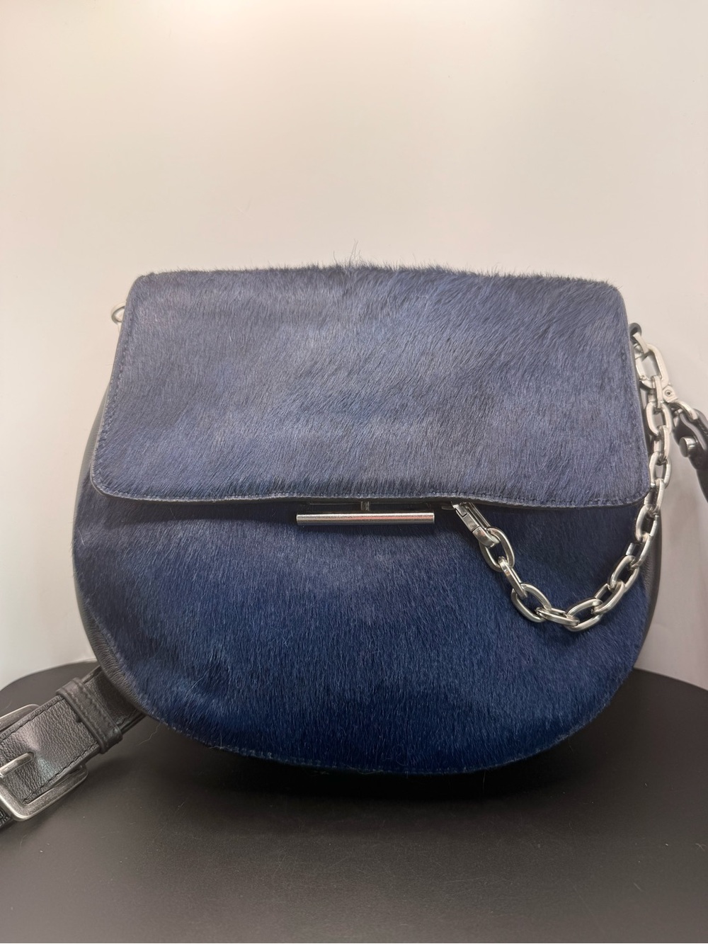 Treasure & Bond Navy Blue Leather Calf Hair Crossbody Bag Chain Accent Flap
